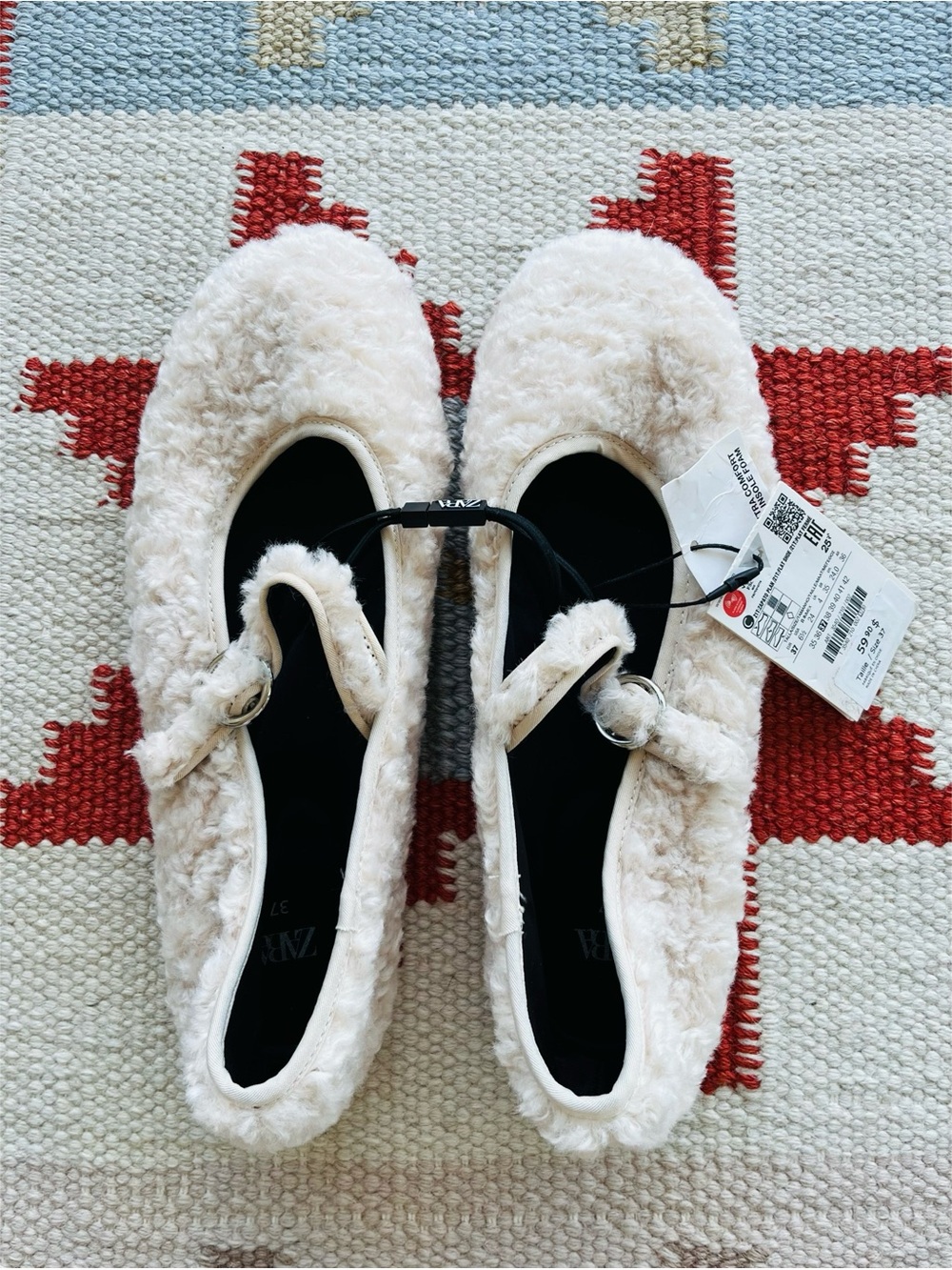 Zara Cream Faux-Shearling Mary Jane Flats with Buckle